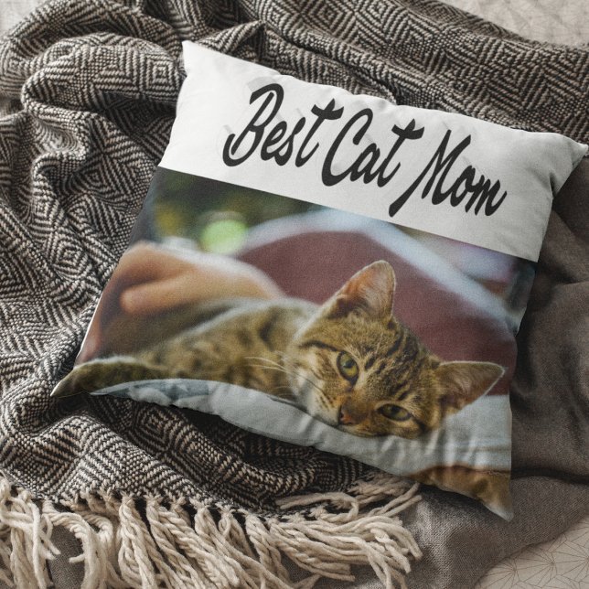 Beste Cat Mama Foto Schwarzer Text Kissen (Von Creator hochgeladen)