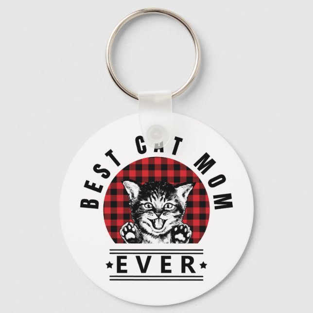 Beste Cat Mama je Buffalo Kariert Schlüsselanhänger (Vorderseite)