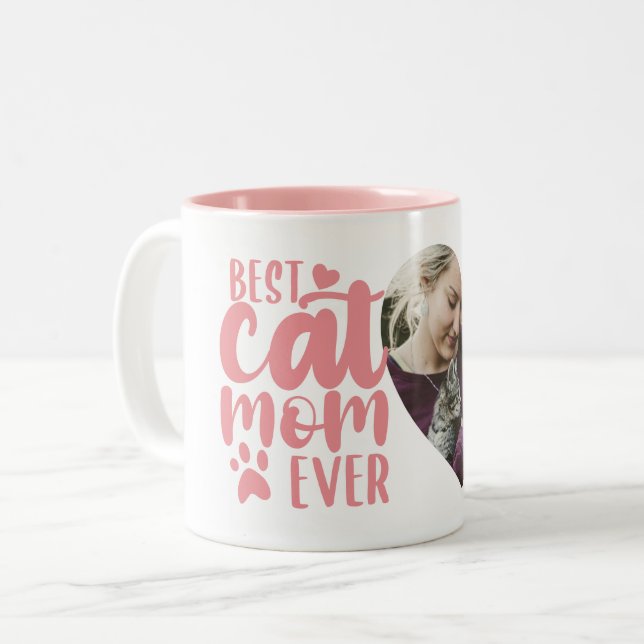 Beste Cat Mama je Niedlich Foto Name Rosa Zweifarbige Tasse (Vorderseite Links)