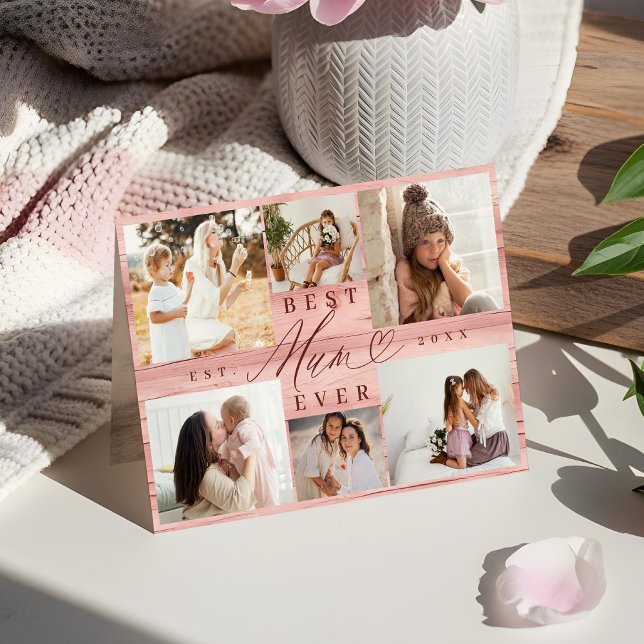 Beste Foto-Familie Kollage Rosa Holzkörner Karte (Best Mum Ever Photo Family Collage Pink Woodgrain Card)