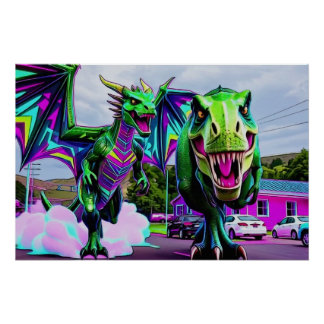 Beste Freunde - Drache und Dinosaurier beim Spazie Poster