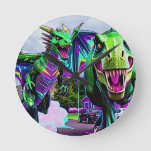 Beste Freunde - Drache und Dinosaurier beim Spazie Runde Wanduhr