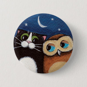 Beste Freunde - Eulen-und Katzen-Kunst-Knopf Button