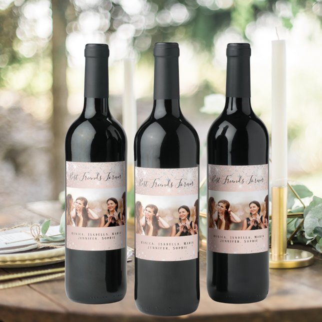 Beste Freunde Foto Rose Gold Glitzer Weinetikett (Von Creator hochgeladen)