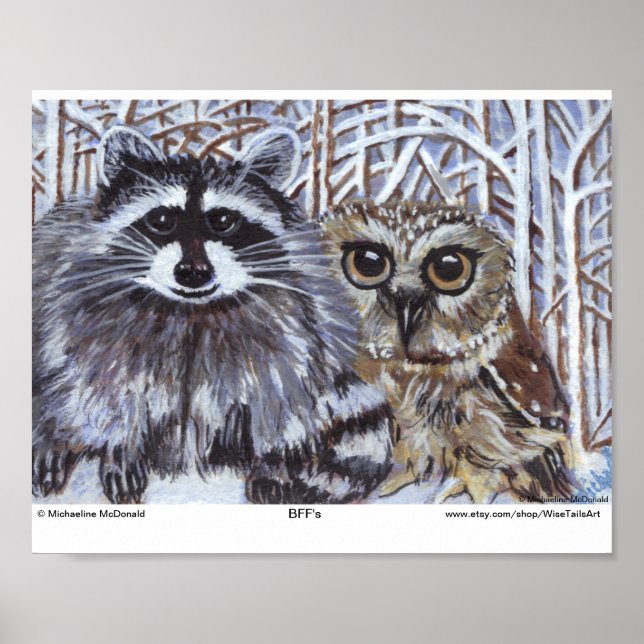 Beste Freundin - Raccoon und Auwl Art Print Poster (Vorne)