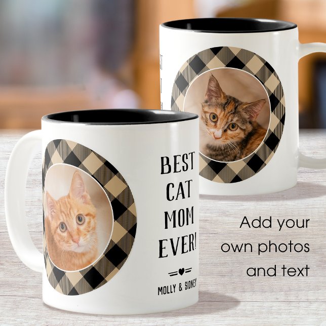 Beste Katze Mama je Buffalo Kariert Beige Foto Nam Zweifarbige Tasse (Von Creator hochgeladen)