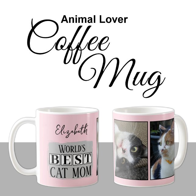 Beste Katzenmutter 2 Foto Name pink grau Kaffeetasse (Von Creator hochgeladen)