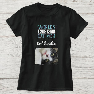 Beste Katzenmutter Foto mit Namen Blau Weiß T-Shirt