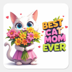 Beste Katzenmutter Süße Katze Mit Blumen 🐾 Quadratischer Aufkleber
