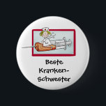 Beste Krankenschwester - Humorer Cartoon Nurse Button<br><div class="desc">Dieses Design zeigt ein Super Nurse, das wie auf einer Rakete auf einer Spritze sitzt. Das Design ist im Stil eines Cartoon erschaffen und ist ein lustiges und humorvolles Geschenk für jede Krankenschwester in jedem Land. Diese Abbildung ist perfekt, wenn Sie sich bei einem Krankenpfleger als Patient oder Verwandter gewollt...</div>