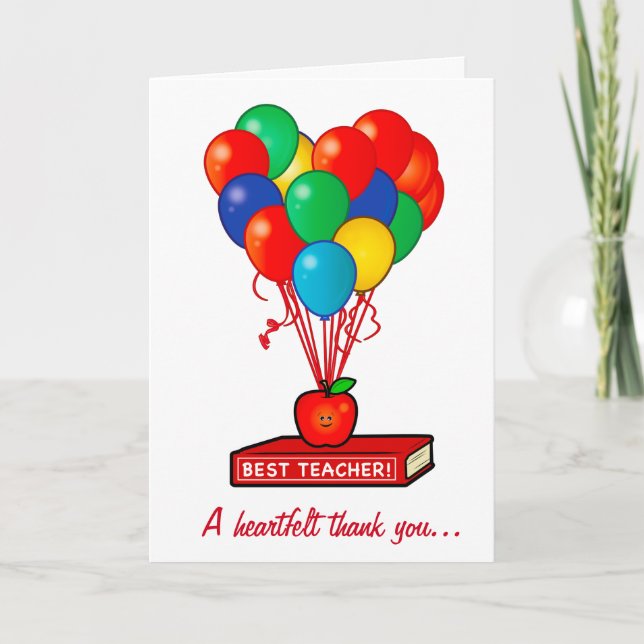 Beste Lehrerin Apple mit Balloons auf Buch Dankeskarte (Vorderseite)