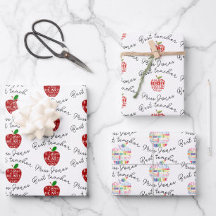 Beste Lehrerin Wort Kunst roter Apfel großes Herz Geschenkpapier Set