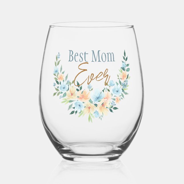 Beste Mama Blumenstrauß Halbwaden Edelstahlglas Weinglas Ohne Stiel (Vorderseite)