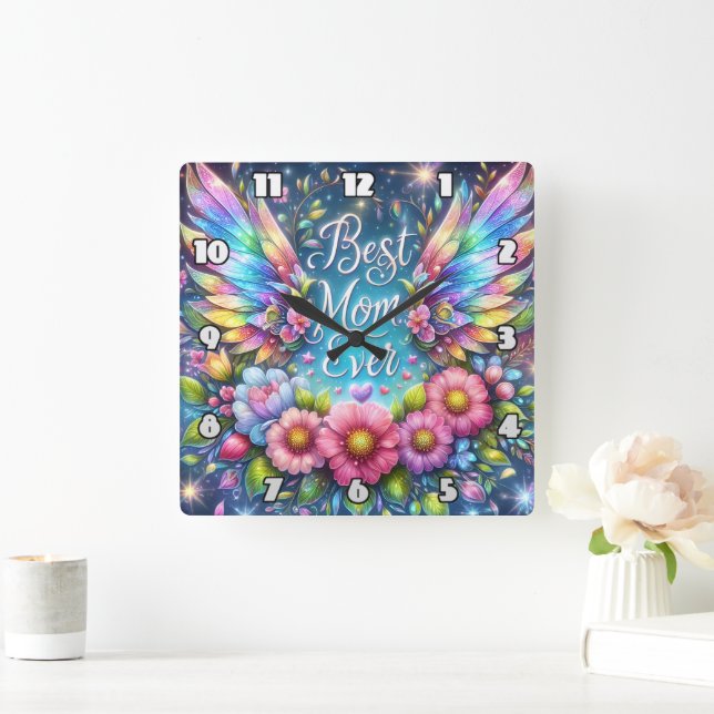 Beste Mama: Engel Wings, Blumentribut Quadratische Wanduhr (Zuhause)