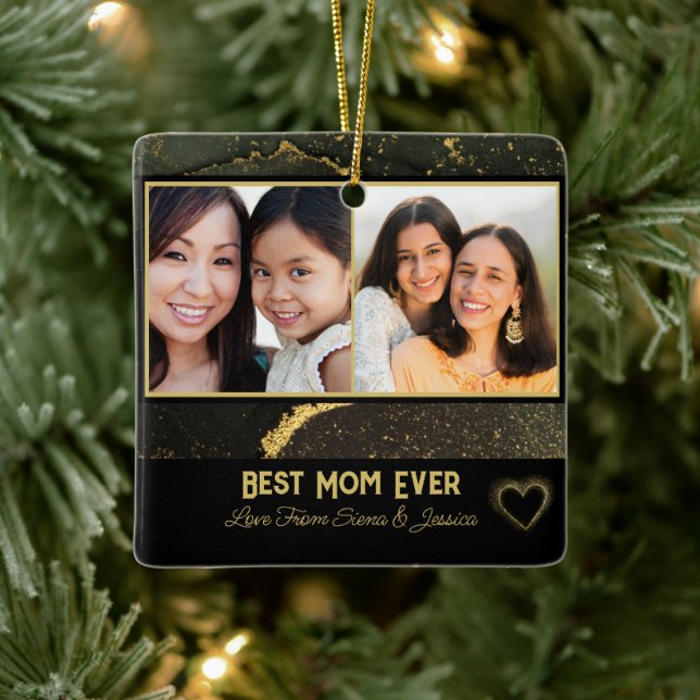 Beste Mama für Black and Gold Personalisiertes Fot Keramikornament (Baum)
