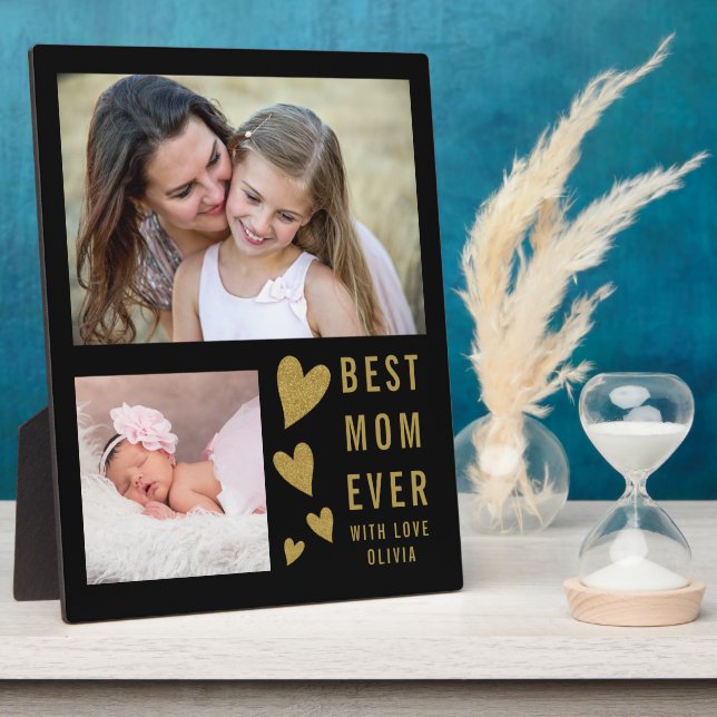 Beste Mama je 2 Fotocollage Schwarz und Gold Fotoplatte (Seite)