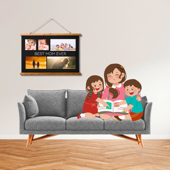 Beste Mama je 5 Foto Collage Black Wandteppich Mit Holzrahmen (Von Creator hochgeladen)