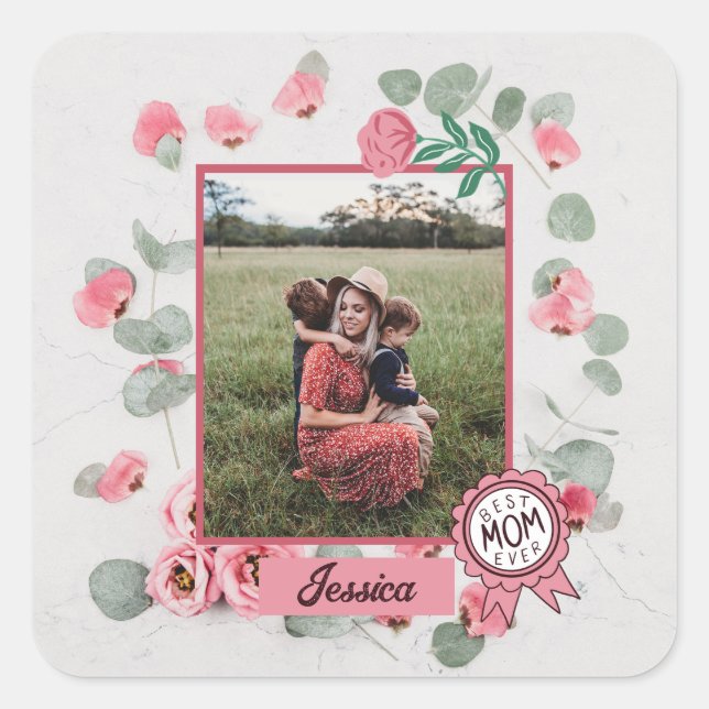 Beste Mama je Abzeichen Name des Fotos Quadratischer Aufkleber (Vorderseite)
