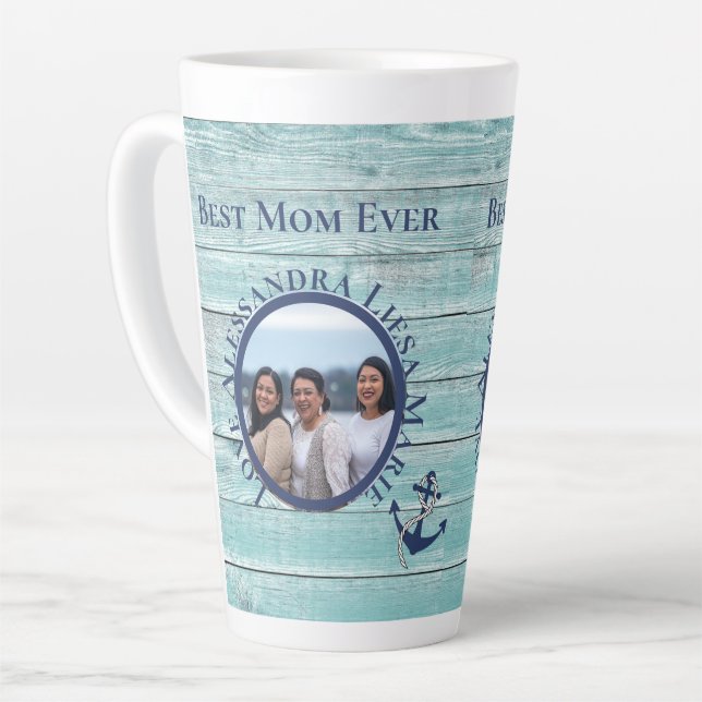 Beste Mama je Aquamariner Seeanker aus Holz Milchtasse (Linke Ecke)