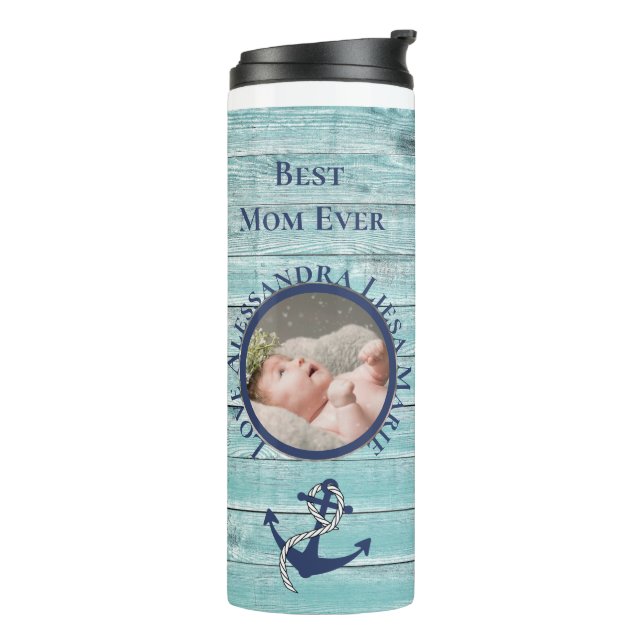 Beste Mama je Aquamariner Seeanker aus Holz Thermosbecher (Nach links gedreht)