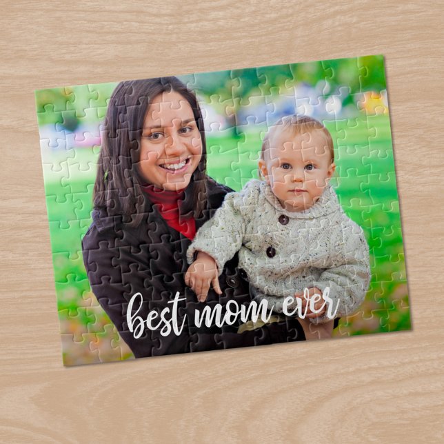 Beste Mama je benutzerdefiniertes Foto Modernes We (Best Mom Ever Custom Photo Modern White Script Jigsaw Puzzle, in situ)