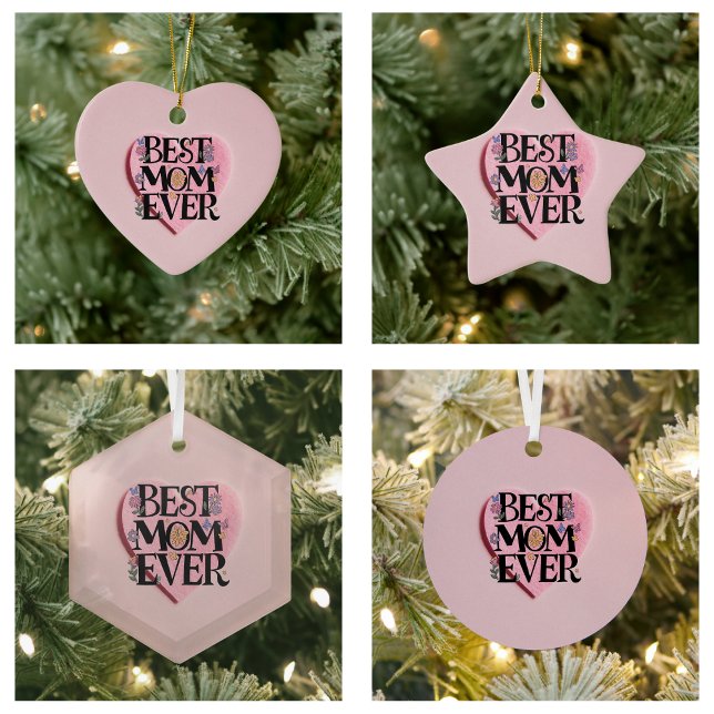 Beste Mama je Blume und rosa Herz Keramik Ornament (Best Mom Ever Flowers And Pink Heart Ornament)