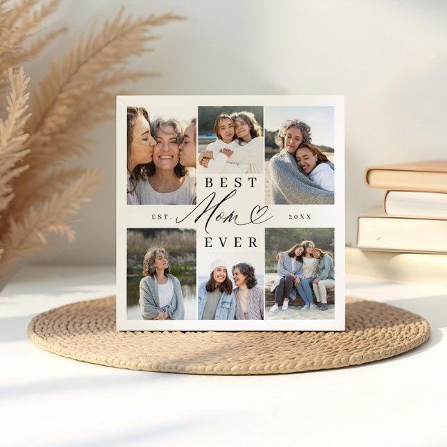 Beste Mama je Elegantes Script Herzklopfen Fotoplatte (Best Mom Ever Elegant Script Heart Photo Collage Plaque)