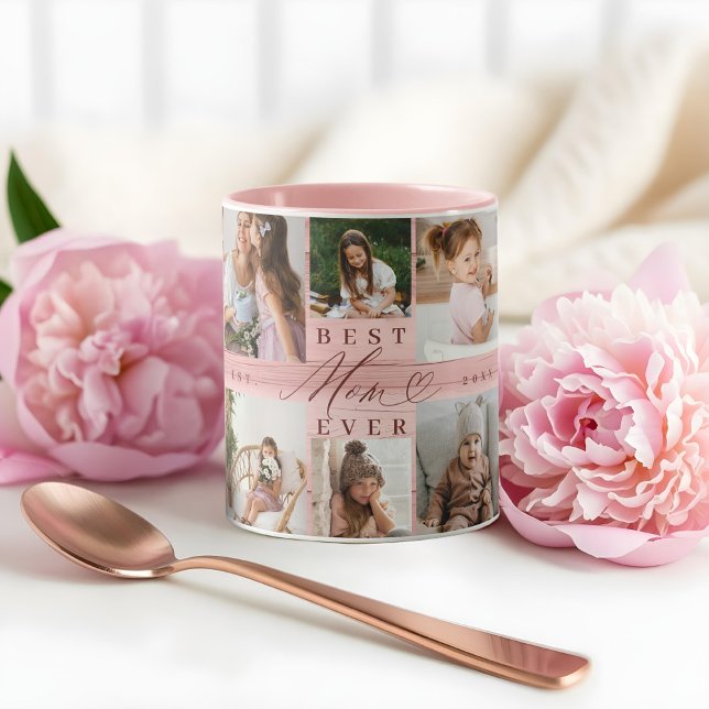 Beste Mama je Familienfoto Collage Rosa Holzkörner Tasse (Best Mom Ever Family Photo Collage Pink Woodgrain Mug)