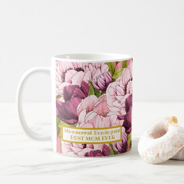 Beste Mama je Goldname Elegante Rosa Peony Kaffeetasse (Mit Donut)