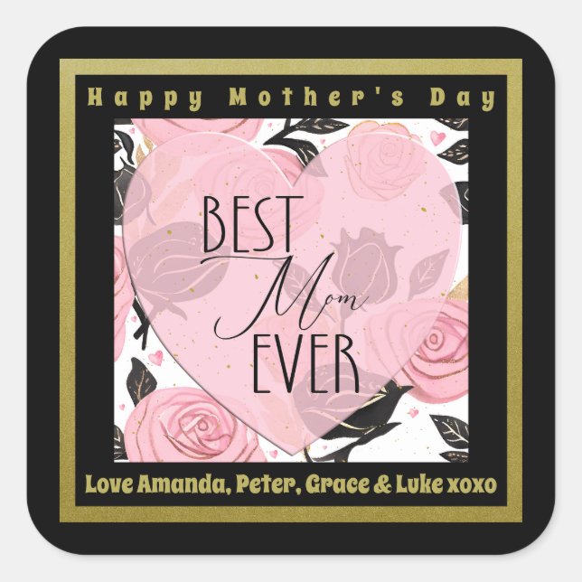 Beste Mama je Herz und Rose Quadratischer Aufkleber (Vorderseite)