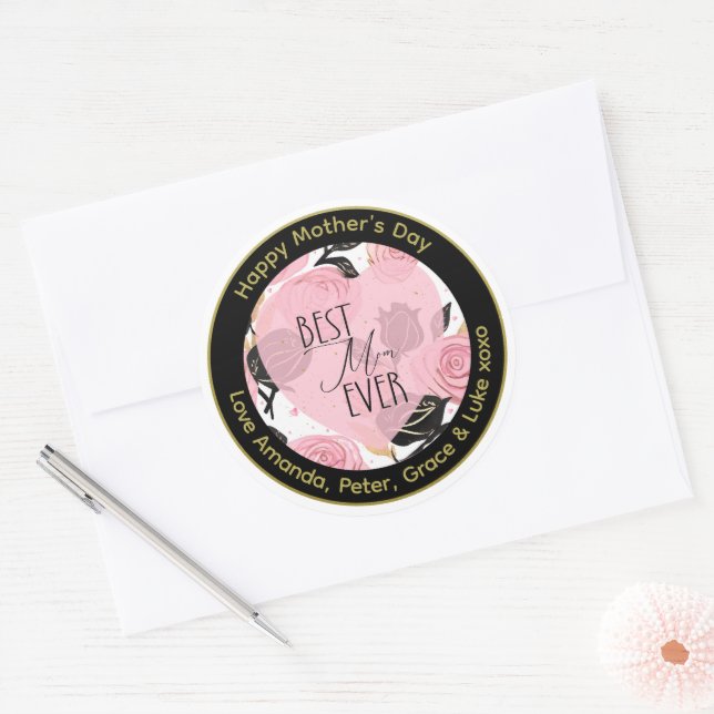Beste Mama je Herz und Rose Runder Aufkleber (Umschlag)
