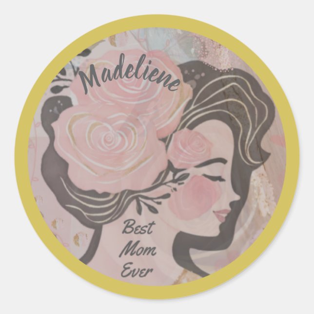 Beste Mama je Hübsche Blume Gold Frame Round Name Runder Aufkleber (Vorderseite)