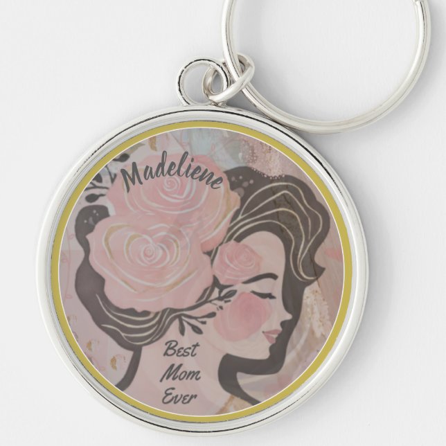 Beste Mama je Hübsche Blume Gold Frame Round Name Schlüsselanhänger (Vorne)