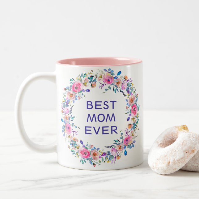 Beste Mama je Hübsches Rosa Blumenreath Foto Zweifarbige Tasse (Mit Donut)