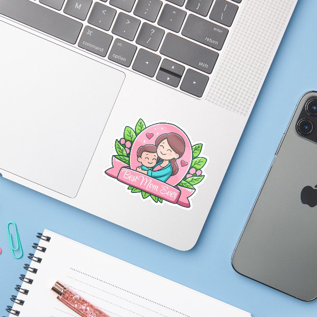 Beste Mama je, Mama und Kind, maßgeschneidert Aufkleber (Laptop mit iPhone)