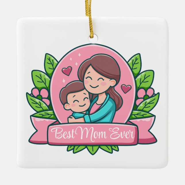 Beste Mama je, Mama und Kind, maßgeschneidert Keramikornament (Vorderseite)