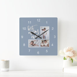Beste Mama je Mum 3 Fotos Script Dusty Blue Quadratische Wanduhr