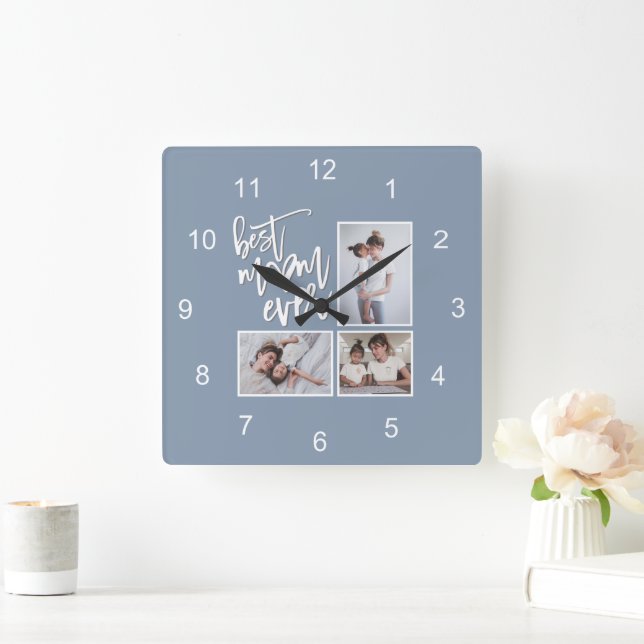 Beste Mama je Mum 3 Fotos Script Dusty Blue Quadratische Wanduhr (Zuhause)