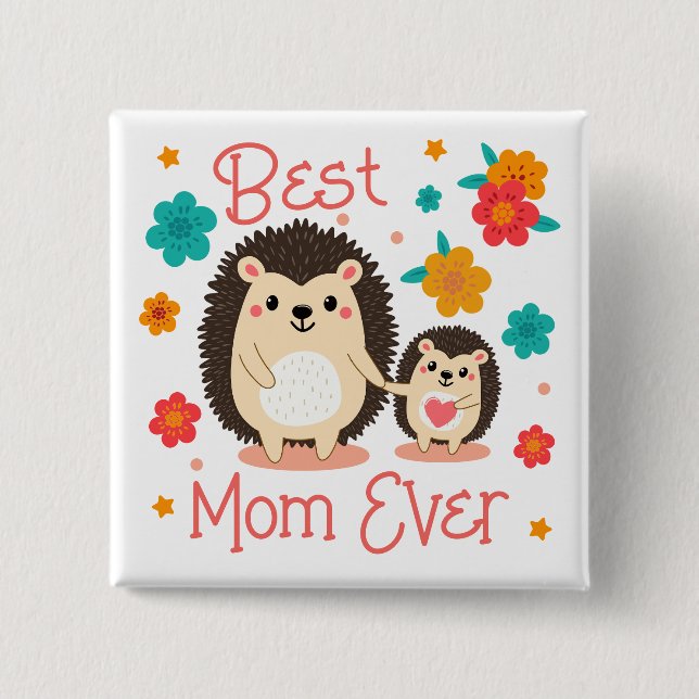 Beste Mama je Mutter und Baby-Igel Button (Vorderseite)