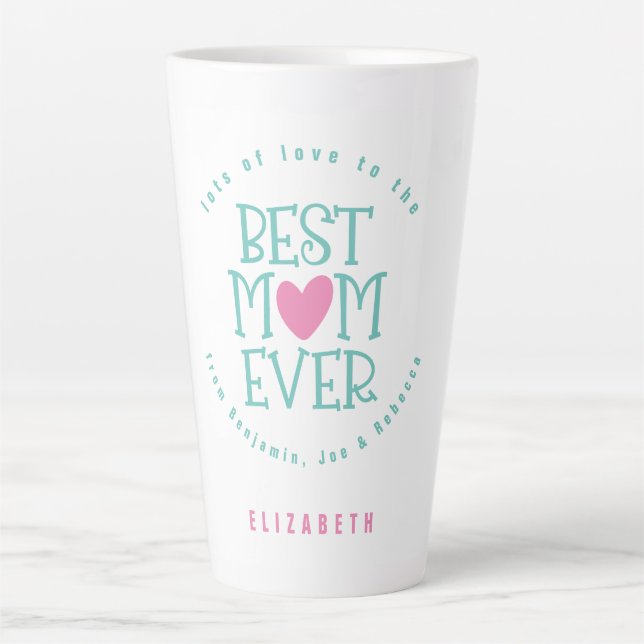 Beste Mama je Name Aquamarine rosa Typografie Milchtasse (Vorderseite)
