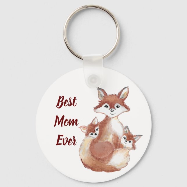 Beste Mama je Niedlich Fox Family Wasserfarbe Schlüsselanhänger (Vorderseite)