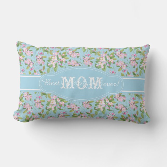 Beste Mama je rosa Apple Blossom auf blauem Muster Lendenkissen (Vorderseite)