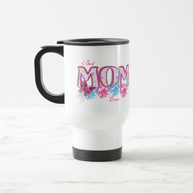 Beste Mama je rosa Blüten und Schmetterling Reisebecher (Links)