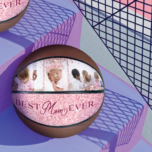 Beste Mama je Rosa Glitzer FotoCollage Basketball (Best Mom Ever Pink Glitter Photo Collage Basketball)