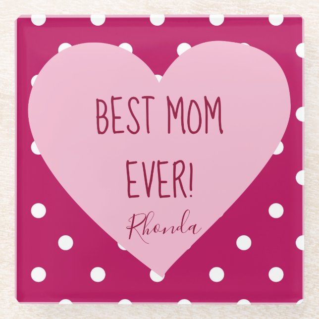 Beste Mama je rosa Herz und Polka Punkte Glasuntersetzer (Vorderseite)
