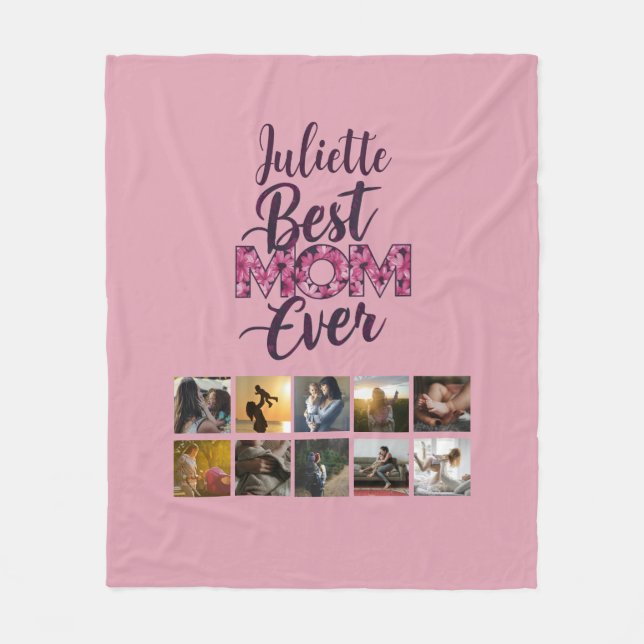 Beste Mama je Script Rosa Blumenfoto Collage Fleecedecke (Vorderseite)