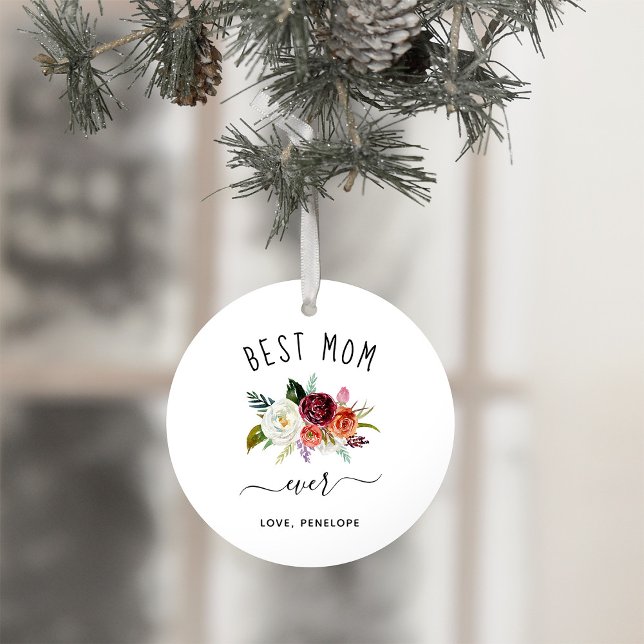 Beste Mama je | Trendy Burgundy Boho Floral Foto Ornament (A sweet and simple holiday keepsake ornament for your mother)