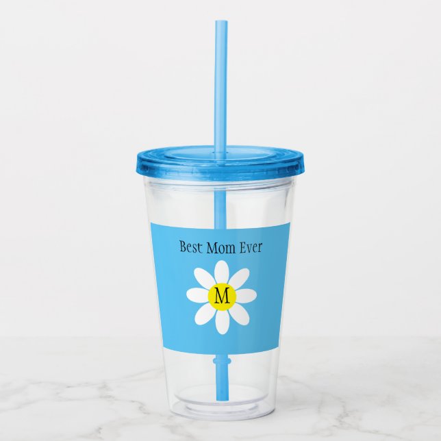 Beste Mama je White Daisy Sky Blue Single Initial Acryltrinkbecher (Vorderseite)