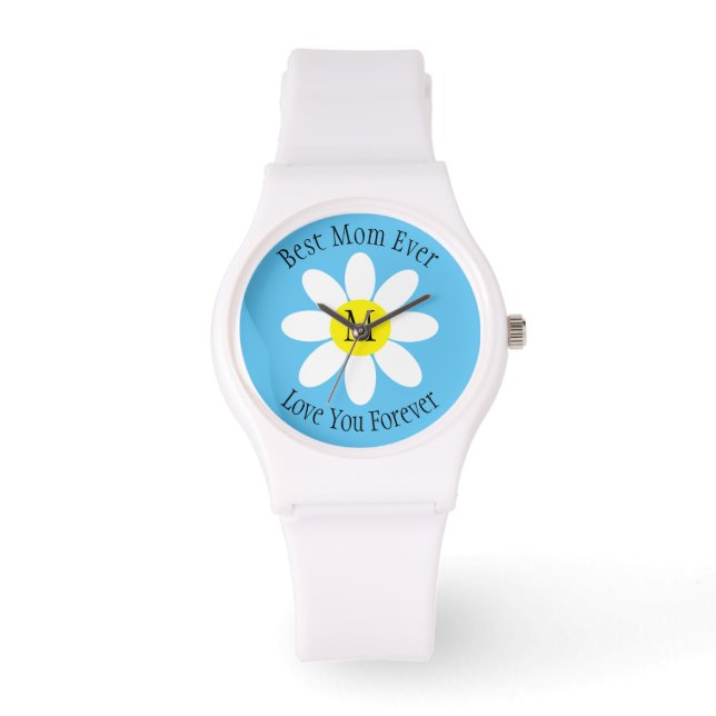 Beste Mama je White Daisy Sky Blue Single Initial Armbanduhr (Vorderseite)