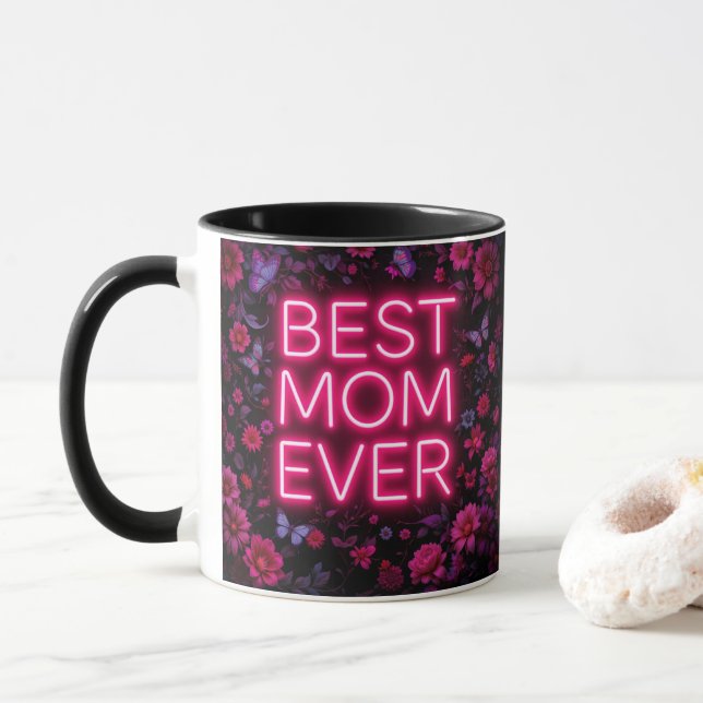 Beste Mama je Zitat Rosa Blume und Schmetterlinge Tasse (Mit Donut)